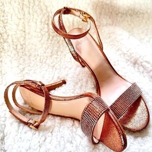 Halston Sandals High Heels Rhinestone Ankle Strap  - Open Toe Rose Gold Bling 6